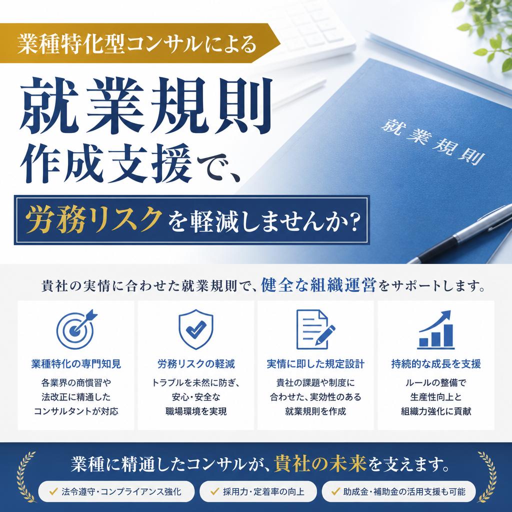 業種特化型コンサルによる就業規則作成支援で、労務リスクを軽減しませんか？
