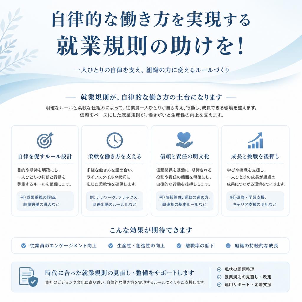 自律的な働き方を実現する就業規則の助けを！