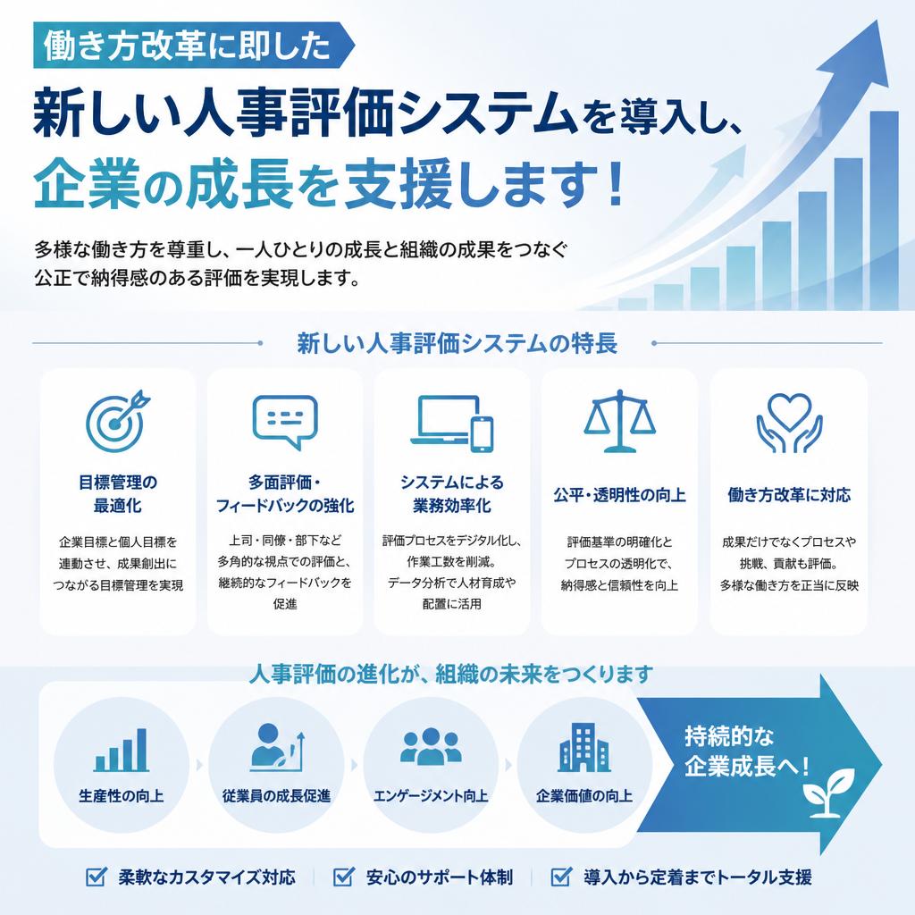 働き方改革に即した新しい人事評価システムを導入し、企業の成長を支援します！