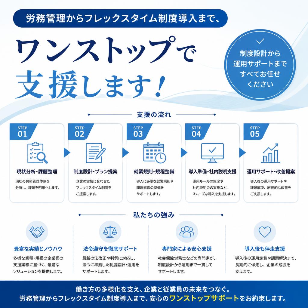 労務管理からフレックスタイム制度導入まで、ワンストップで支援します！